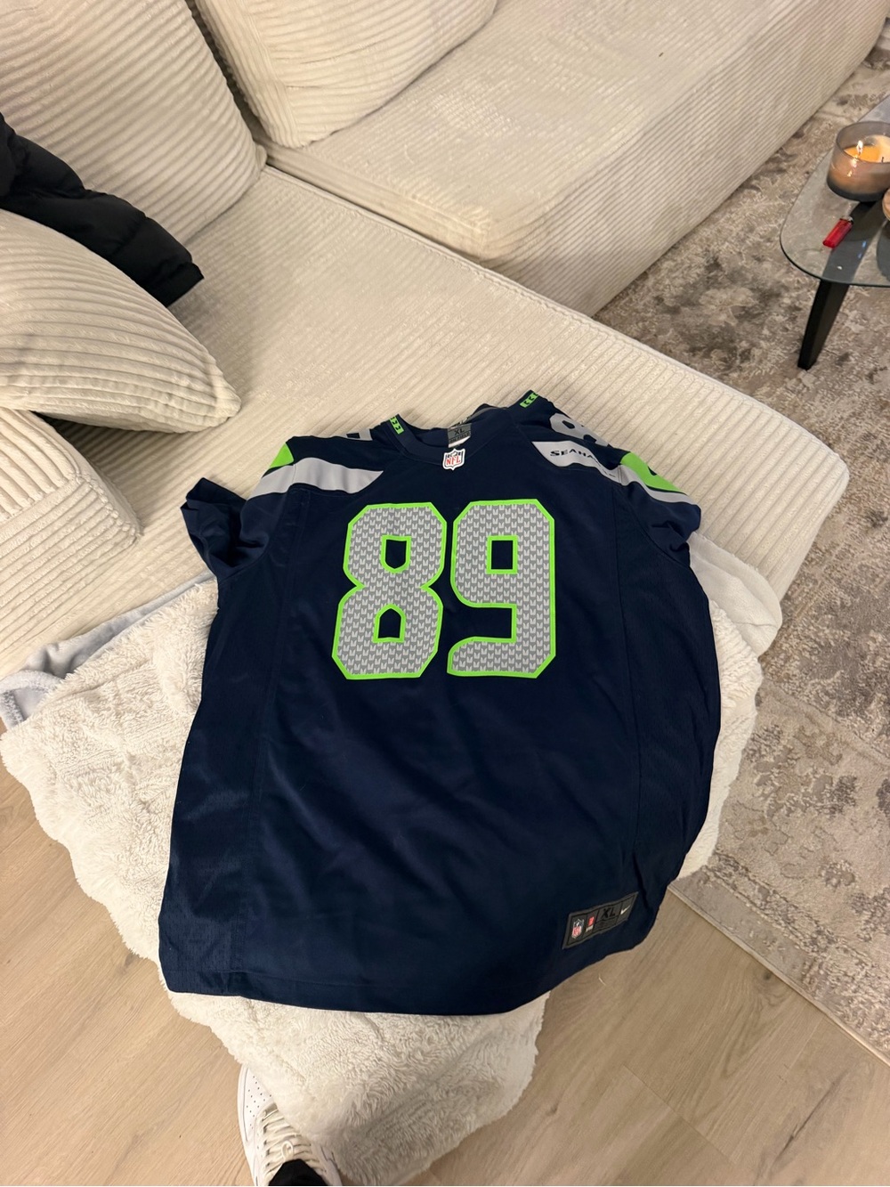 Nike Youth Navy Football Jersey with Neon Green Accents #89